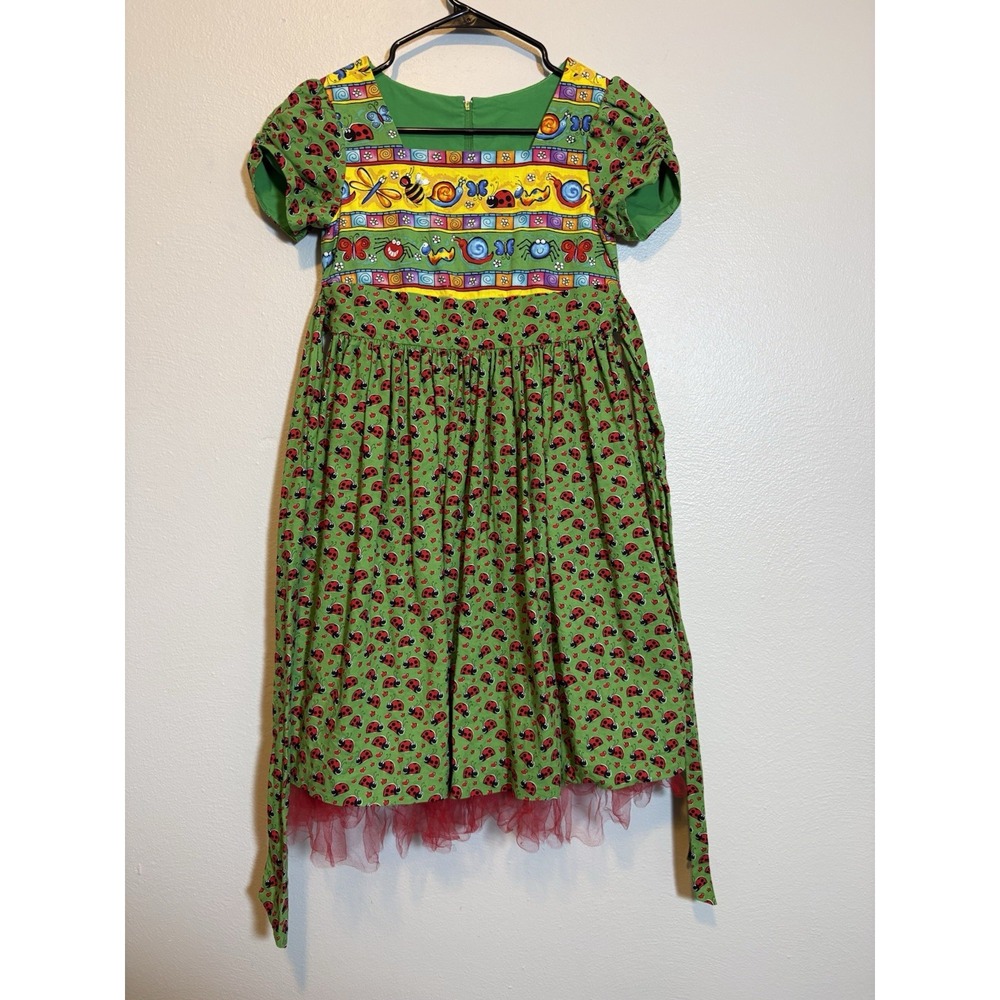Handmade Girls Ladybug Dress Size 8/10 Green Whimsical Puff Sleeve Garden